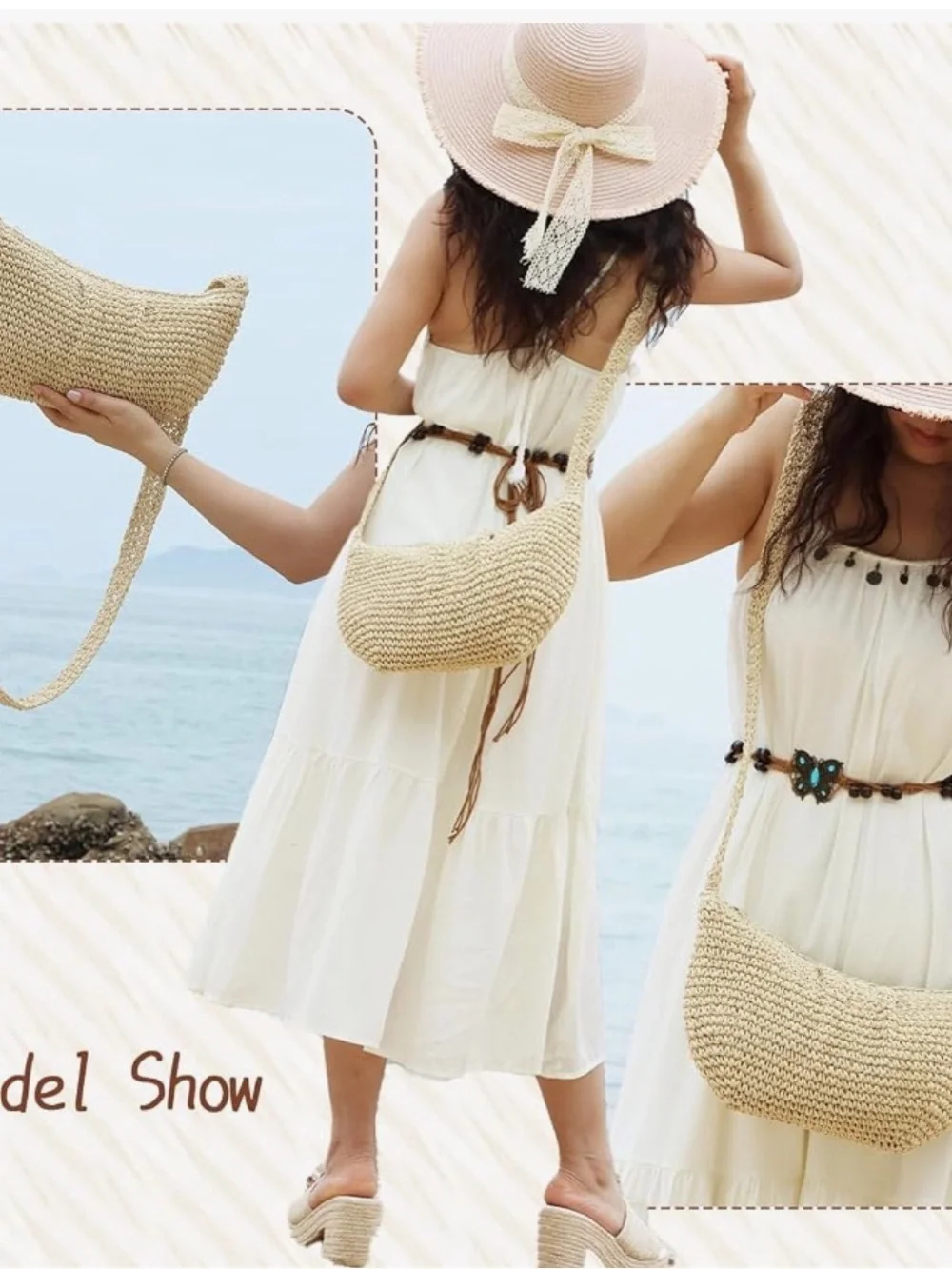 Minimalist Woven Straw Crossbody Bag in Beige -Pleated Dumpling Shoulder Handbag